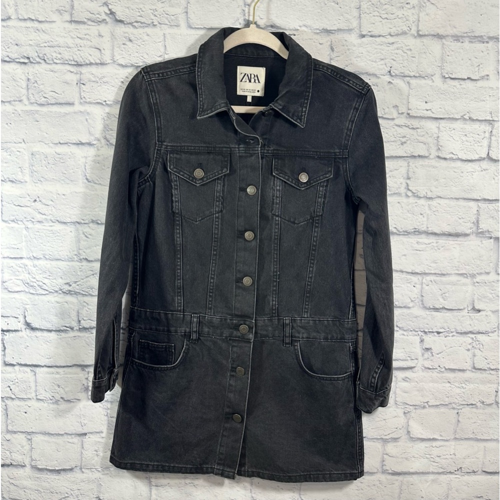 NWT Zara Black-Wash Long Sleeve Button Front Zoe Denim Mini Dress Sz XS